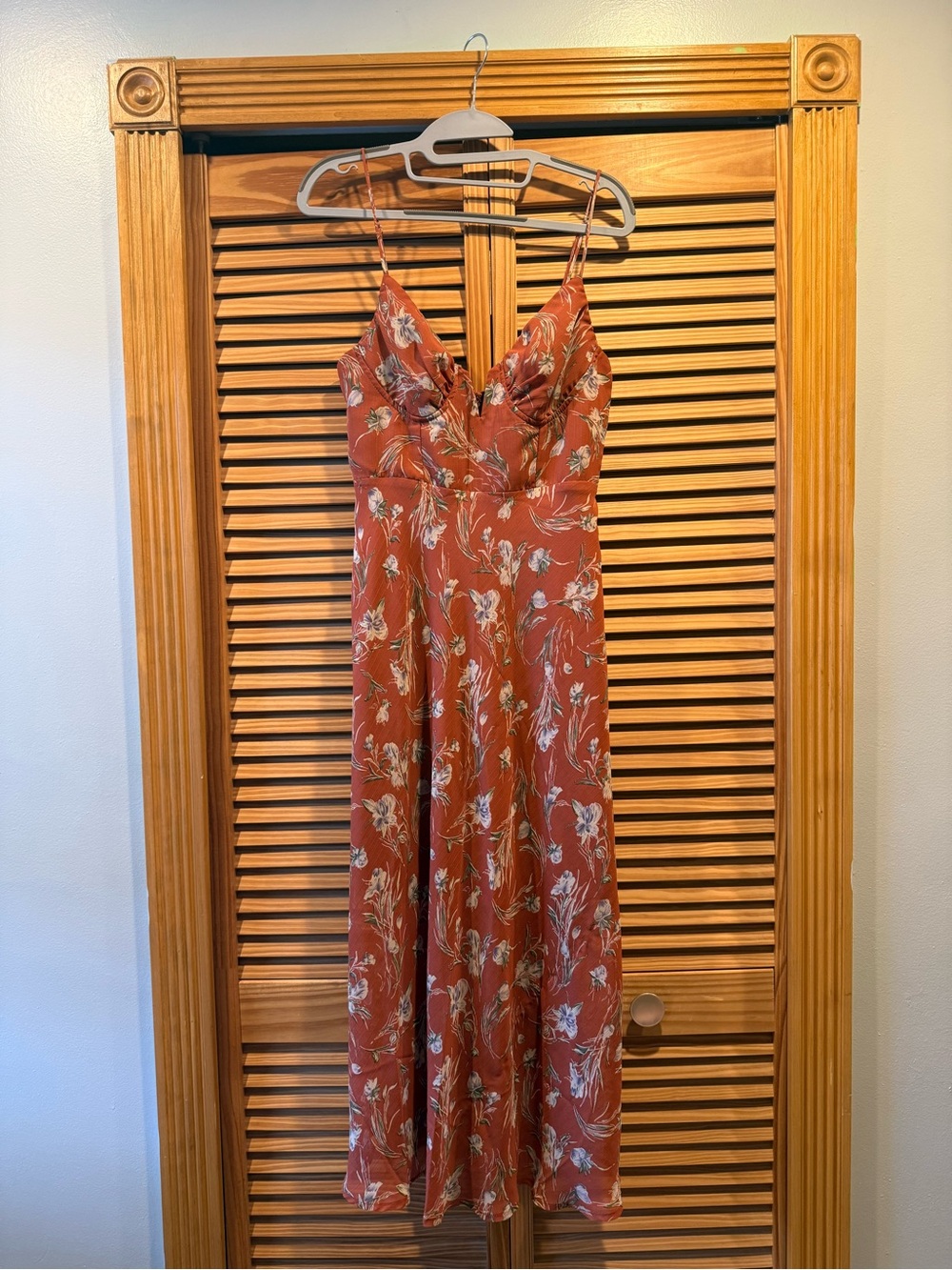 Rust Floral Midi Slip Dress with Spaghetti Straps - Zips in back